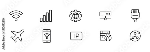 Network and connectivity outline icon set - flat internet & wireless communication symbols