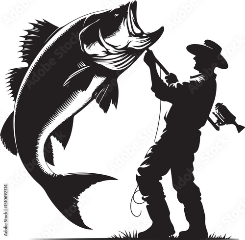 black and white shark vector,silhouette of a giant fish  Fisherman Holding a Giant Fish Over His Shoulder Silhouette new  2025 trendy vector for fishing T shirt design 
