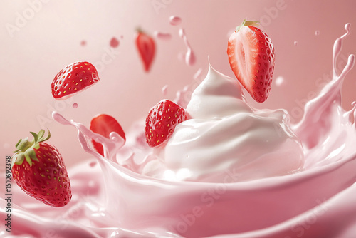 Yogurt splash with strawberry chunks mid-air