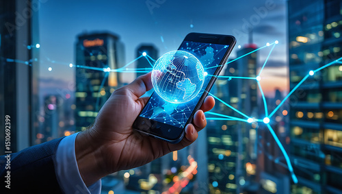 Hand holding smartphone displaying digital globe with cityscape background futuristic technology concept