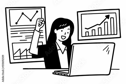 Accounting business concept, Accountant woman reads good news on laptop with excited and raising fist to celebrate achievement while working about investment with business planning finance