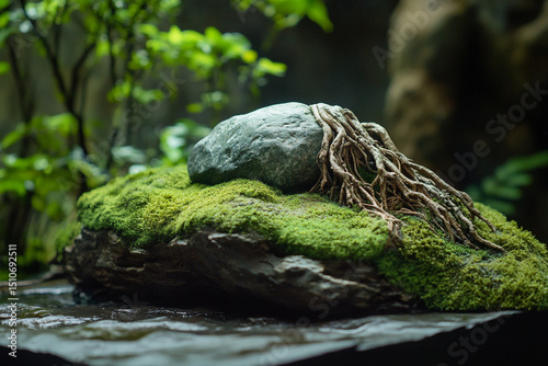 Zen garden scene with root-wrapped stone on moss bed