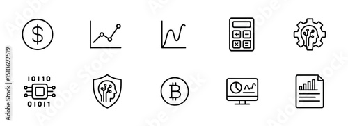 Finance & technology outline icon set - flat, cryptocurrency, analytics, and calculation