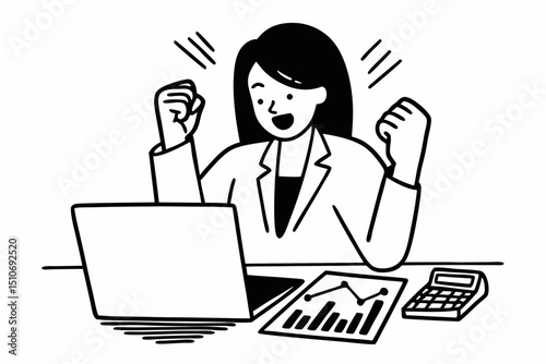 Accounting business concept, Accountant woman reads good news on laptop with excited and raising fist to celebrate achievement while working about investment with business planning finance