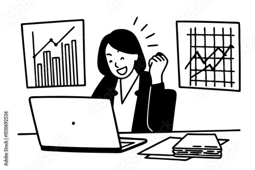 Accounting business concept, Accountant woman reads good news on laptop with excited and raising fist to celebrate achievement while working about investment with business planning finance