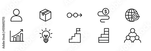 Business & global outline icon set - financial, growth, and strategy symbols