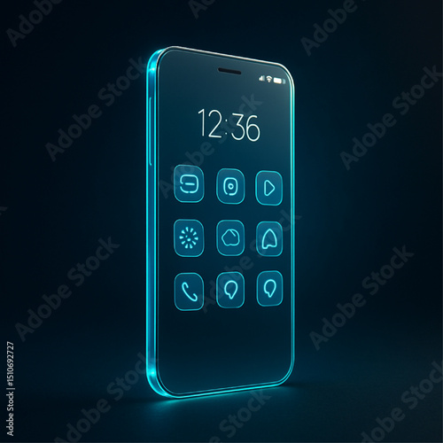 Futuristic transparent smartphone glowing with neon blue holographic interface, displaying floating digital app icons on a sleek screen against a dark tech background, innovation technology concept.