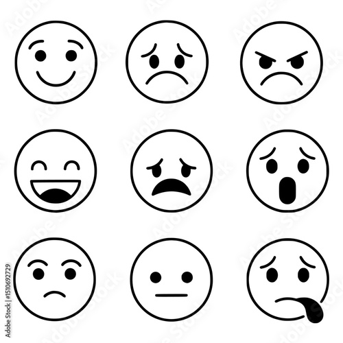 A collection of facial emoticon icons in a minimalist and modern line style, featuring various emotions such as happy, sad, angry, laughing, confused, surprised, disgusted, and neutral expressions.