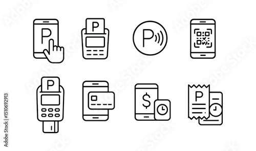 Parking payment line icon set - outline mobile app and digital payment symbols