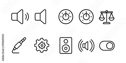Audio & sound outline icon set - linear, volume control & speaker symbols