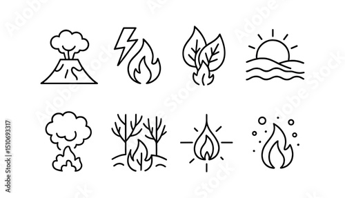 Natural disaster outline icon set - volcano, fire, storm, and environmental symbols