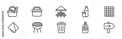 Picnic essentials solid icon set - baskets, tables, grills & more
