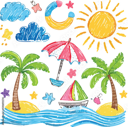 Kid summer beach crayon background. Doodle sea bg. Cute hand drawn sketch flower, sun, cloud, wave, palm, whale, beach umbrella,children, chalk, colours, doodle, kindergarten, outline, palm, 