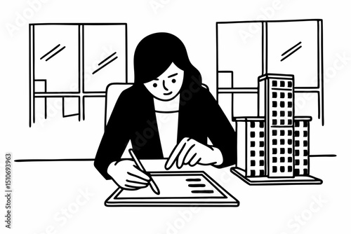 businesswoman in suit using hands to protecting of condominium model and working on tablet with contract document about renting or buying and insurance housing in workspace modern