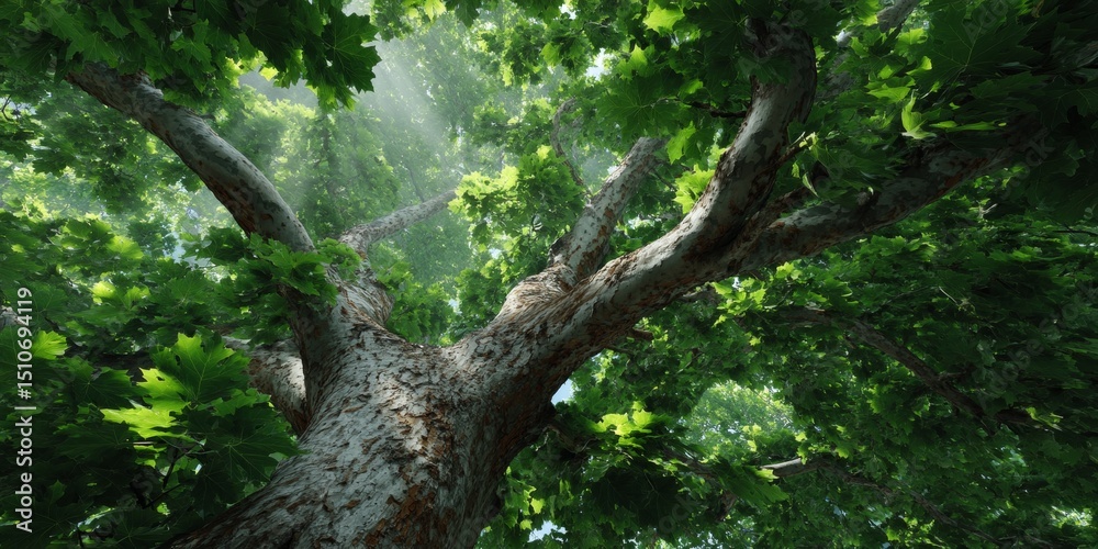 Fototapeta premium A lush, sunlit forest of oak trees with green foliage and a clear blue sky.