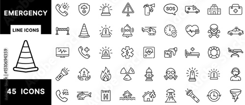 Emergency Line Icons Set Featuring SOS Alerts, Rescue Call, Ambulance, Hazard Cone, Fire, Flashlight, Medical Monitor, Hospital, Radiation, and Evacuation Symbols