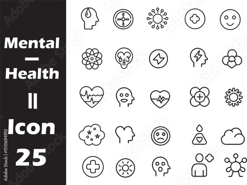 Mental Health Icon Collection: A collection of 25 line icons designed to represent various concepts related to mental well-being. These icons feature simplified shapes and clean lines.