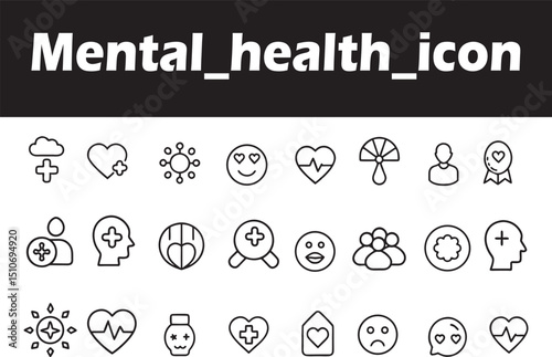 Mental Health Icons: A comprehensive collection of minimalistic icons, illustrating various aspects of mental well-being and emotional health in a sleek monochrome palette.