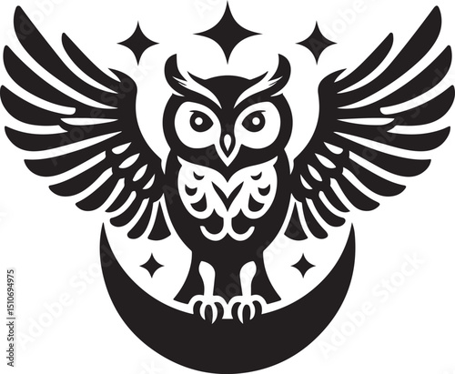 Nocturnal Owl Silhouette: A striking black and white illustration of an owl, perched upon a crescent moon, with outstretched wings and surrounded by twinkling stars.