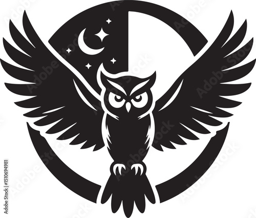 Night Owl emblem: A minimalist monochromatic design featuring an owl with outstretched wings against a backdrop of moon and stars symbolizing wisdom and mystery.