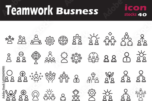 Teamwork Business Icon Set: A minimalist collection of clean, crisp icon designs, each representing different aspects of teamwork and business collaboration. Perfect for conveying concepts of unity.