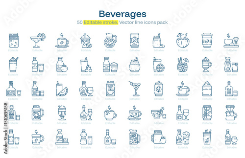 Beverages line icon pack. Beverages Stroke icon set. Editable Stroke icon