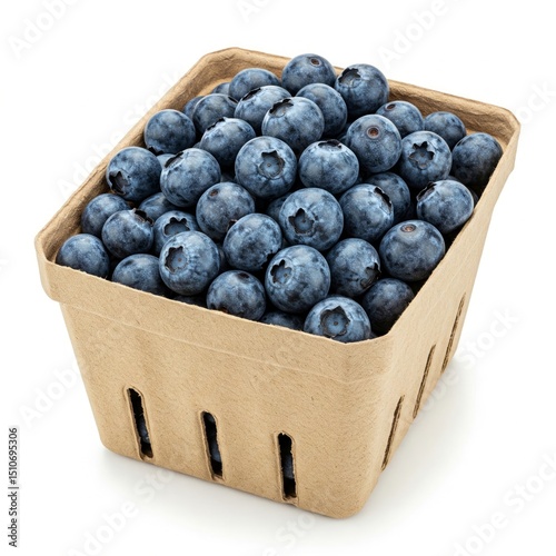 Freshly picked organic blueberries in a cardboard quart container isolated on a white background