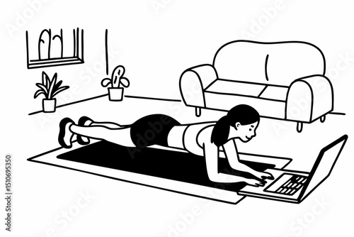 Young Asian woman in sportswear doing plank on training mat while watching online workout tutorials on laptop in the living room. Sport and recreation concept