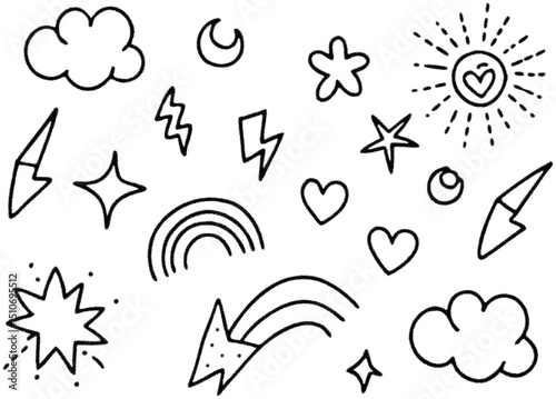 Playful Doodle Collection: A whimsical array of hand-drawn doodles, including stars, clouds, hearts, and lightning bolts, creating a fun and imaginative design.