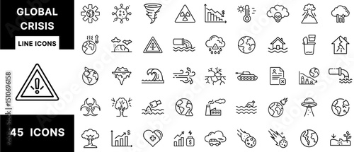 Global Crisis Line Icons Set Featuring Climate Change, Earthquake, Tsunami, Virus, War, Pollution, Economic Recession, Radiation, Global Warming, and Extinction