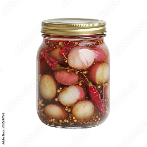 Pickled Radishes with Chili Peppers in a Jar - A Colorful, Flavorful Condiment for Your Meals on transparent background