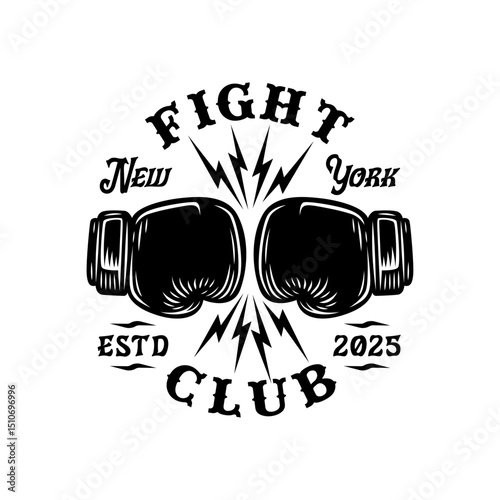 Fight Club Label with boxing gloves illustration in vintage style design