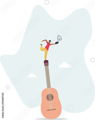 Creative man doing artistic activities. man with a guitar greets and waves his hand. character life .