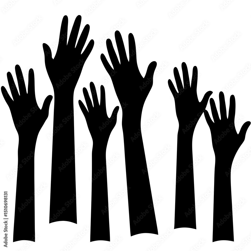 Fototapeta premium Volunteer hands vector illustration of a group of people raising their arms with fingers up, a black silhouette icon of human palms, and a child's hand for charity and help