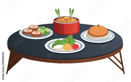 Dinner Table with Variety of Hot Meals - Vector Illustration