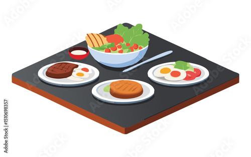 Table Setting with Various Prepared Dishes - Vector Illustration