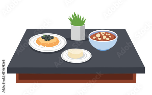 Plated Dinner Meals on Dark Table - Vector Illustration