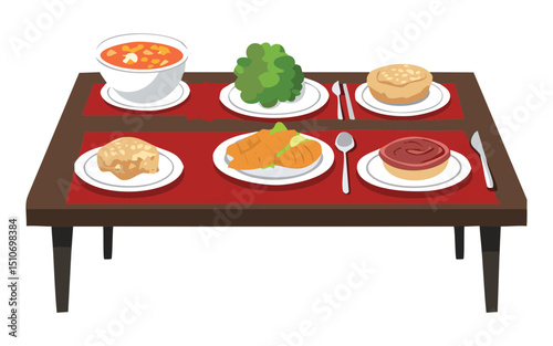 Cooked Dishes on Red Table - Vector Illustration