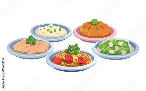 Creamy Dishes with Steamed Rice and Vegetables - Vector Illustration