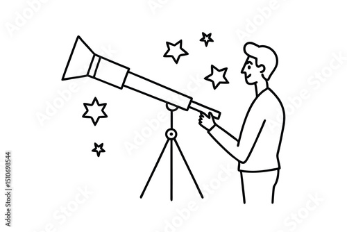 Man Using Telescope for Stargazing, Night Sky Observation