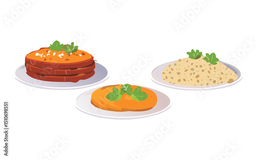 Steamed Rice with Spiced Curry and Fried Patties - Vector Illustration