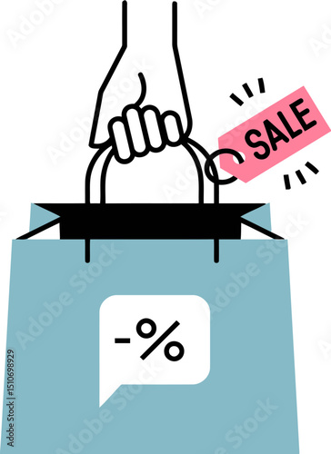 Sale shopping bag discount offer promotion retail special purchase deal price tag hand vector art vector art illustration