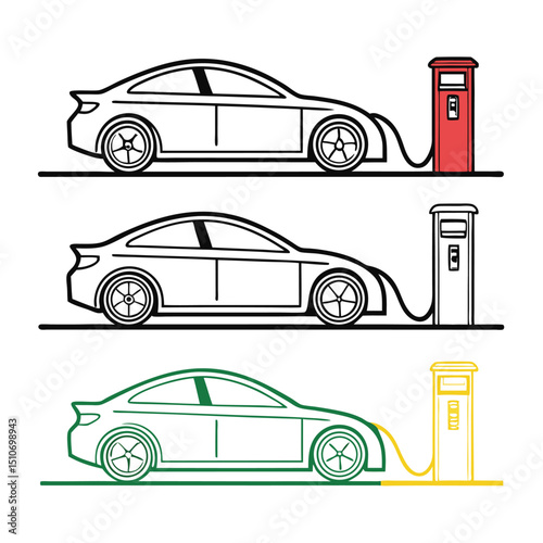 Electric Car Charging at Station - Three Color Variations.