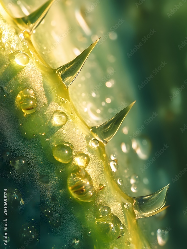 Obraz premium Close-up of succulent plant with dew drops and thorns.