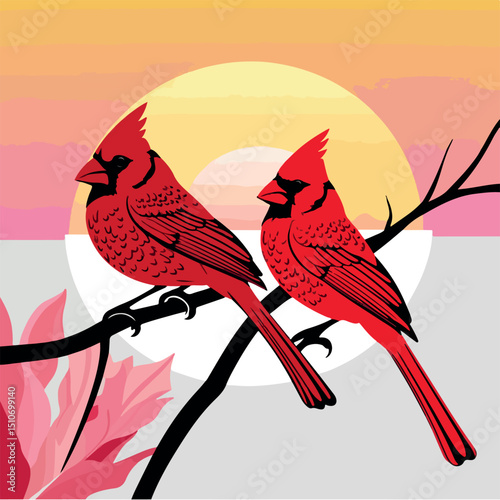 A cute cartoon illustration of two colorful tropical birds, a parrot and a parakeet, perched on a tree branch in the jungle photo