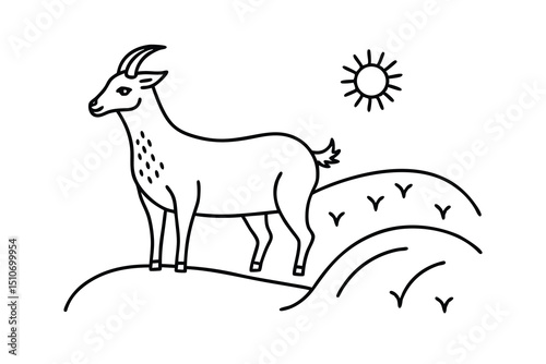 Line art goat on hillside sunny day farm animal illustration
