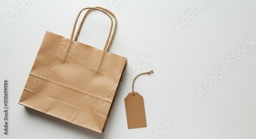 Brown paper shopping bag with a blank tag on a white background, ideal for branding and packaging use