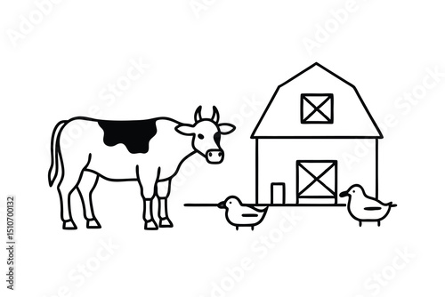 Farm animals line art illustration cow barn chickens