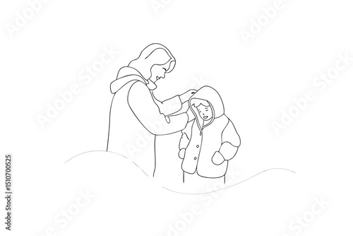 Mother helping child into winter coat line art illustration
