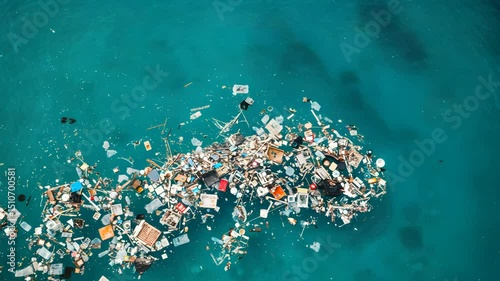 Aerial View Of Floating Trash And Debris In Turquoise Ocean Water Environmental Pollution